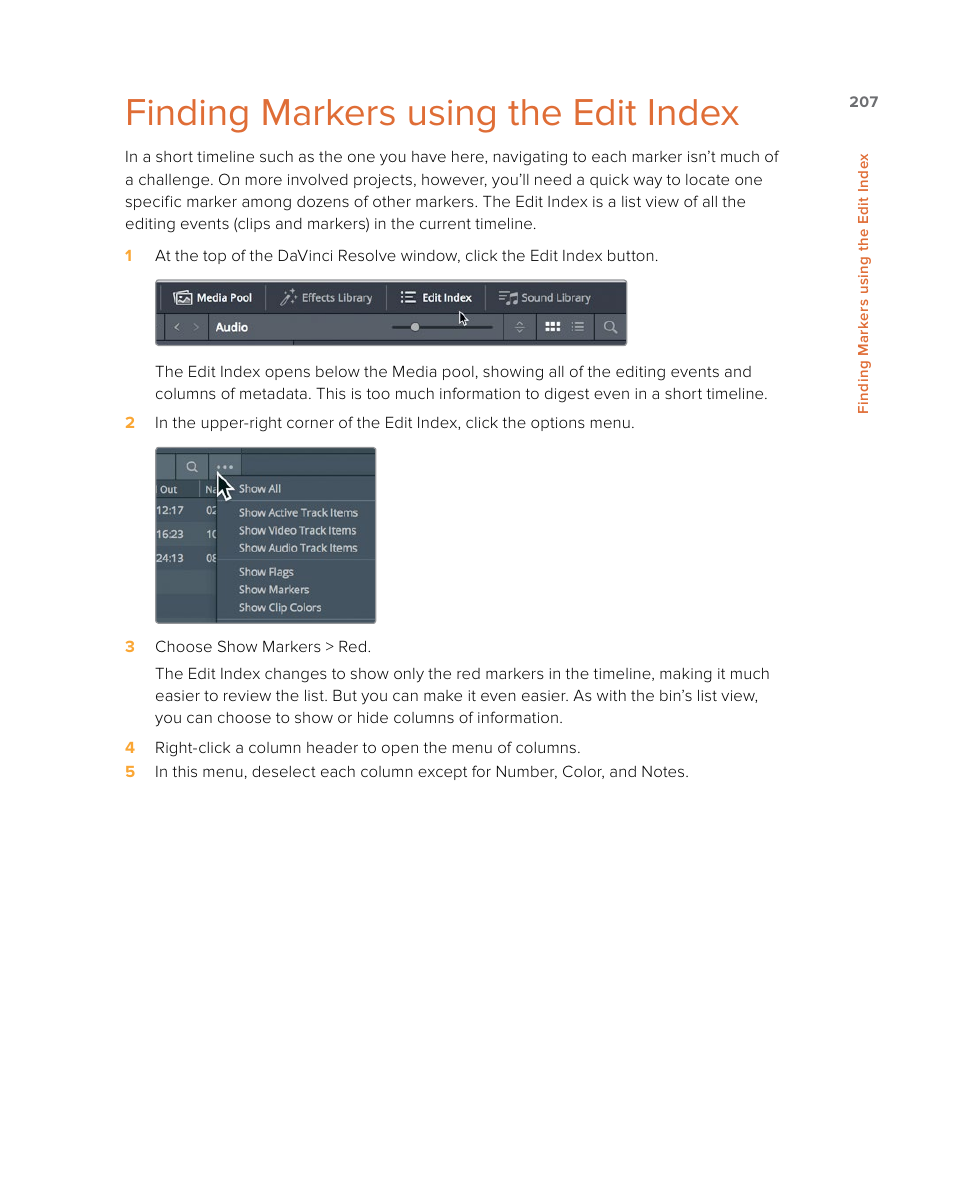 Finding markers using the edit index | Blackmagic Design DaVinci Resolve Studio (Dongle) User Manual | Page 222 / 444