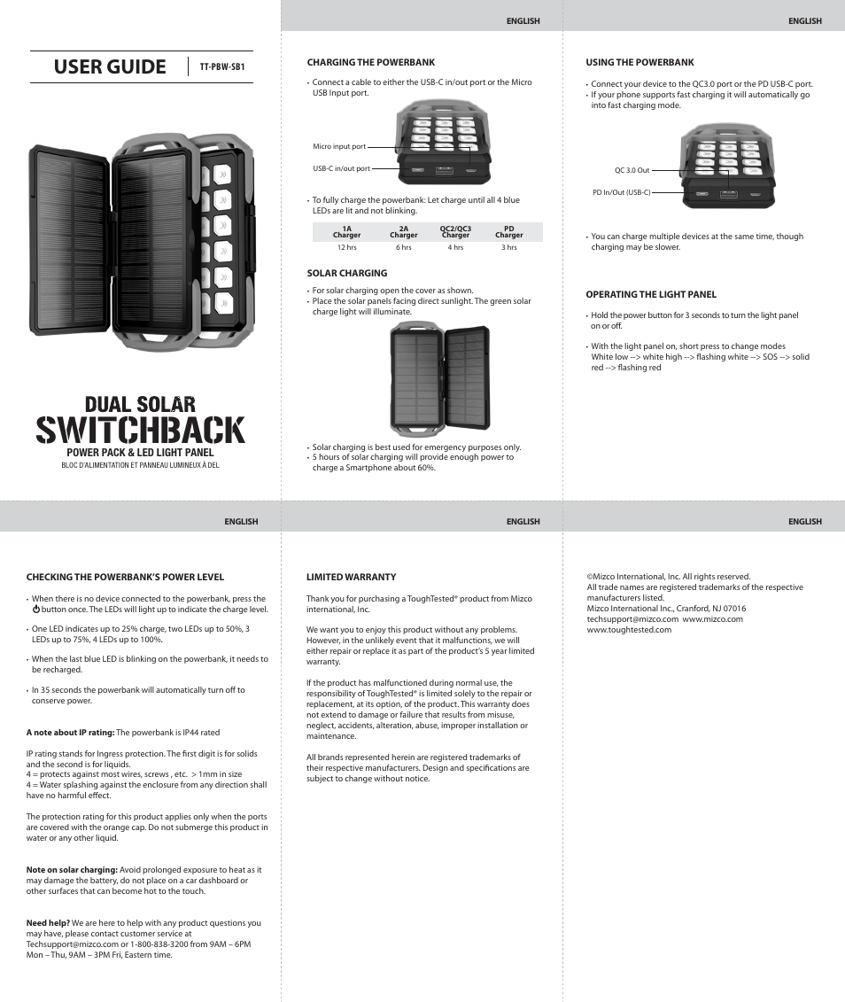 ToughTested 10,000mAh Dual Solar Switchback Power Pack with LED Light Panel User Manual | 2 pages
