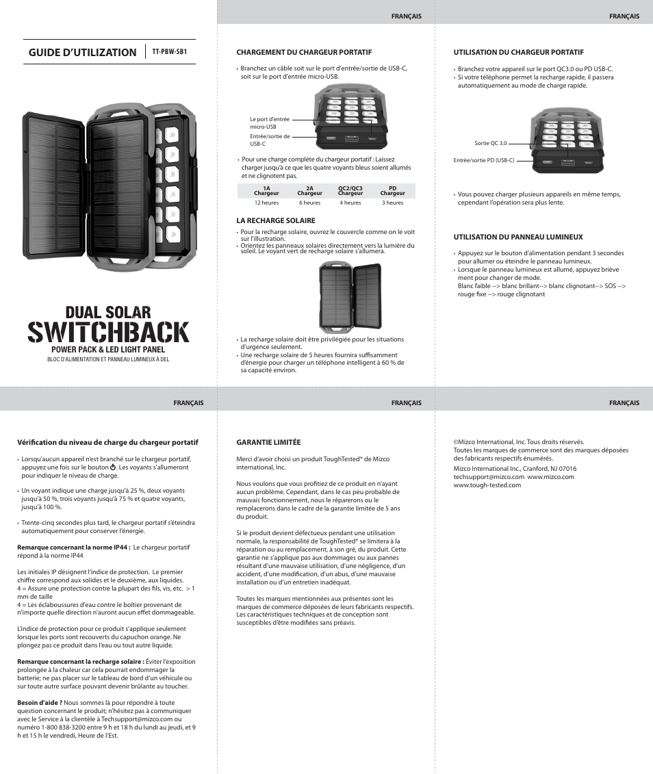 Switchback, Guide d’utilization | ToughTested 10,000mAh Dual Solar Switchback Power Pack with LED Light Panel User Manual | Page 2 / 2