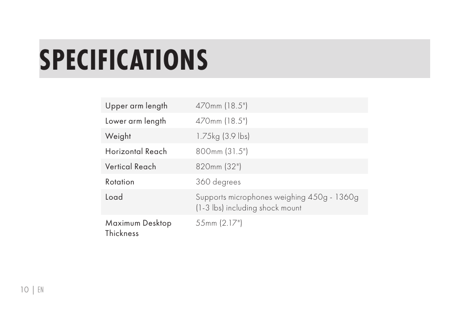 Specifications | 512 AUDIO 512-BBA Microphone Boom Arm User Manual | Page 10 / 58