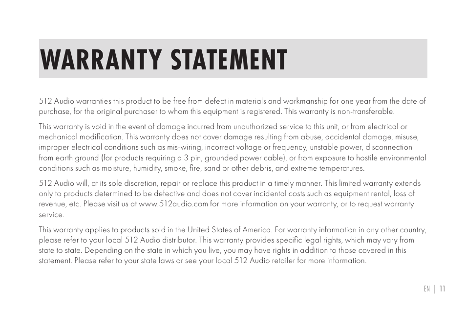 Warranty statement | 512 AUDIO 512-BBA Microphone Boom Arm User Manual | Page 11 / 58