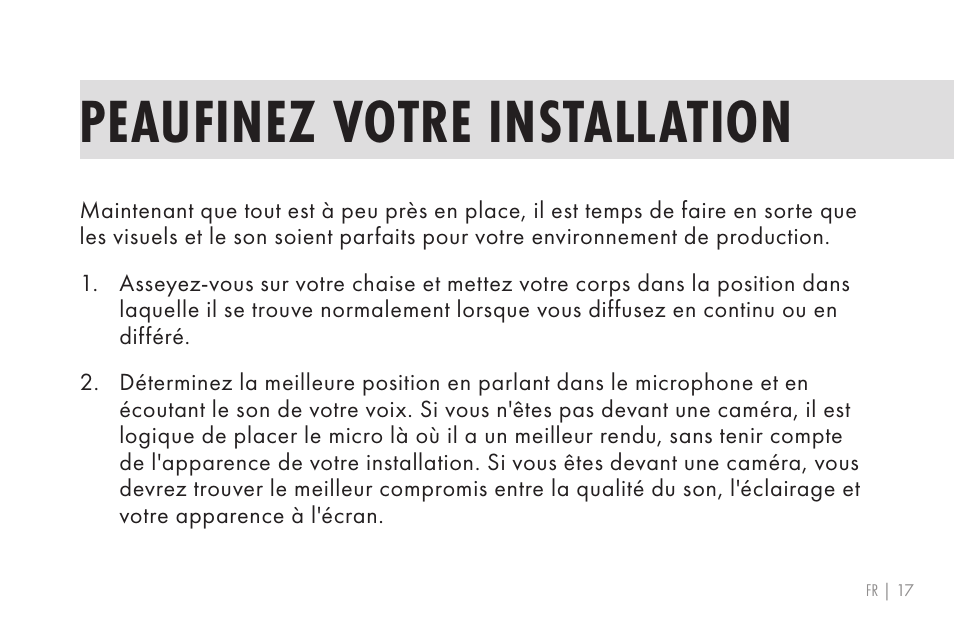 Peaufinez votre installation | 512 AUDIO 512-BBA Microphone Boom Arm User Manual | Page 17 / 58