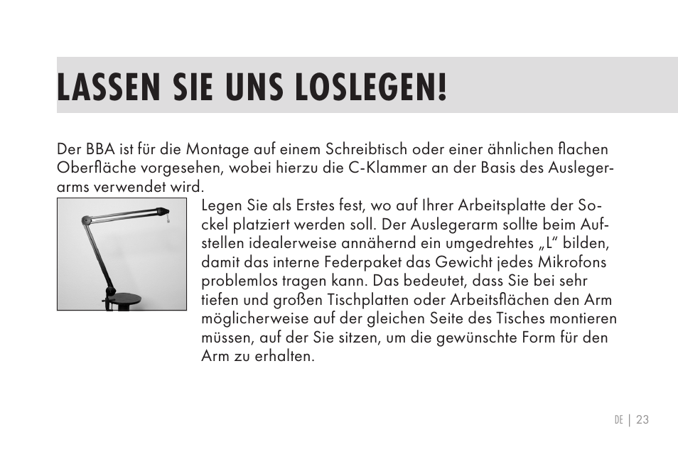 Lassen sie uns loslegen | 512 AUDIO 512-BBA Microphone Boom Arm User Manual | Page 23 / 58