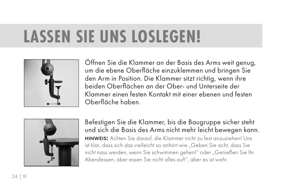 Lassen sie uns loslegen | 512 AUDIO 512-BBA Microphone Boom Arm User Manual | Page 24 / 58