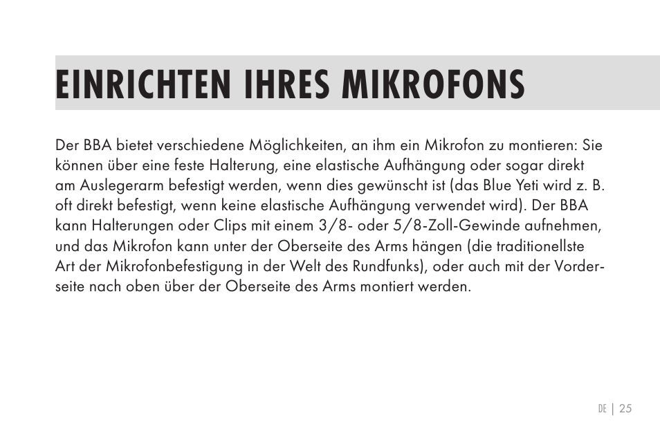 Einrichten ihres mikrofons | 512 AUDIO 512-BBA Microphone Boom Arm User Manual | Page 25 / 58