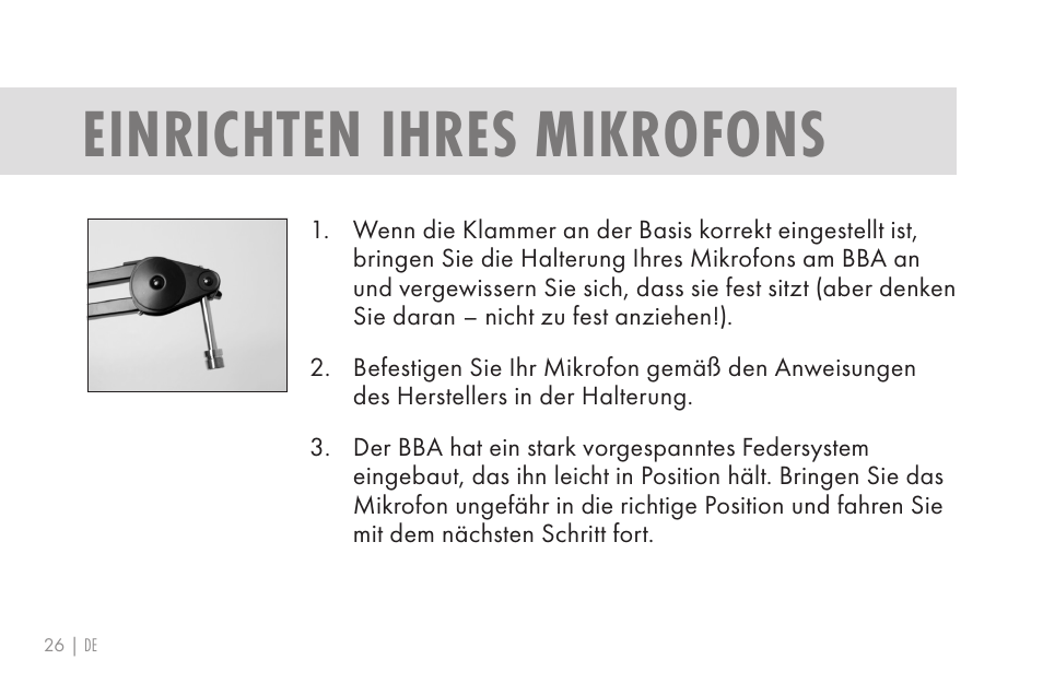 Einrichten ihres mikrofons | 512 AUDIO 512-BBA Microphone Boom Arm User Manual | Page 26 / 58