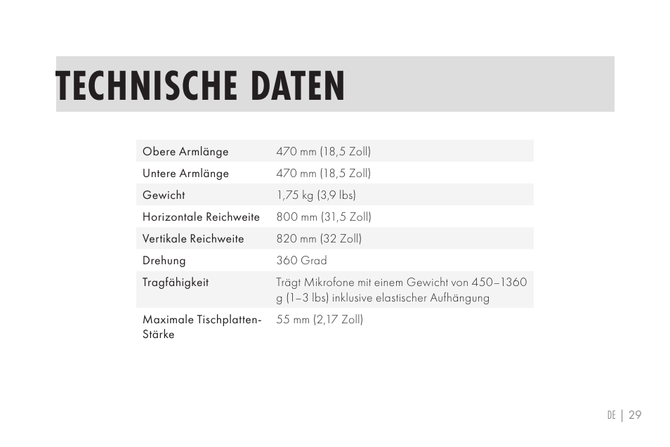 Technische daten | 512 AUDIO 512-BBA Microphone Boom Arm User Manual | Page 29 / 58