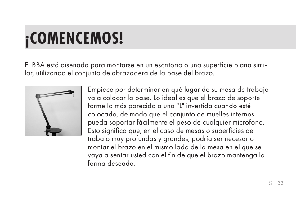 Comencemos | 512 AUDIO 512-BBA Microphone Boom Arm User Manual | Page 33 / 58