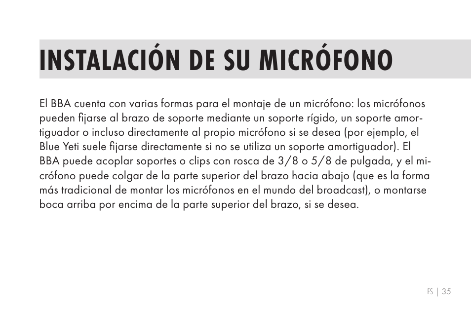 Instalación de su micrófono | 512 AUDIO 512-BBA Microphone Boom Arm User Manual | Page 35 / 58