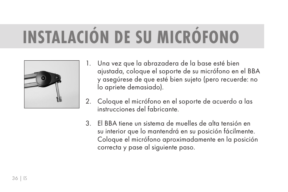 Instalación de su micrófono | 512 AUDIO 512-BBA Microphone Boom Arm User Manual | Page 36 / 58