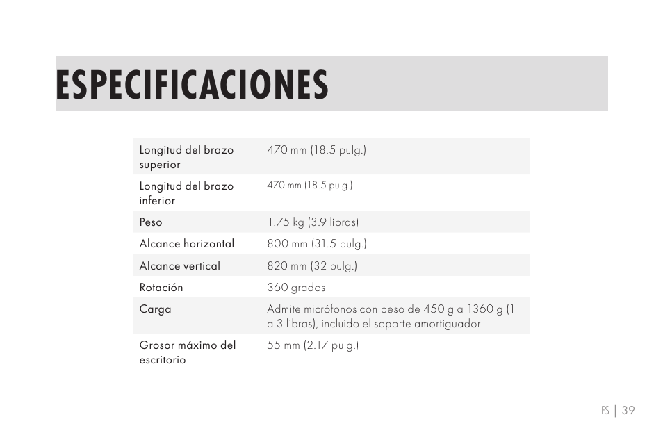 Especificaciones | 512 AUDIO 512-BBA Microphone Boom Arm User Manual | Page 39 / 58