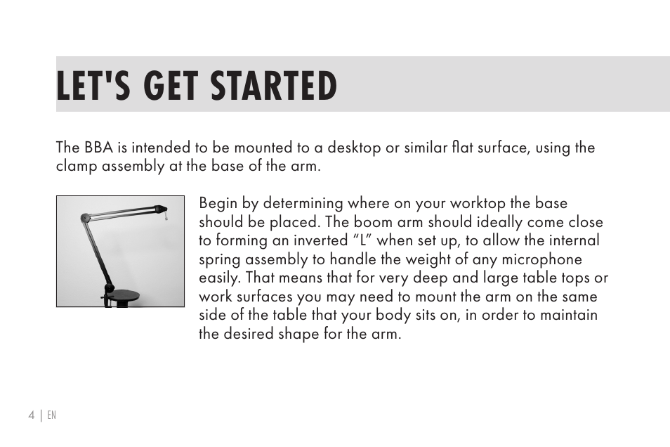 Let's get started | 512 AUDIO 512-BBA Microphone Boom Arm User Manual | Page 4 / 58