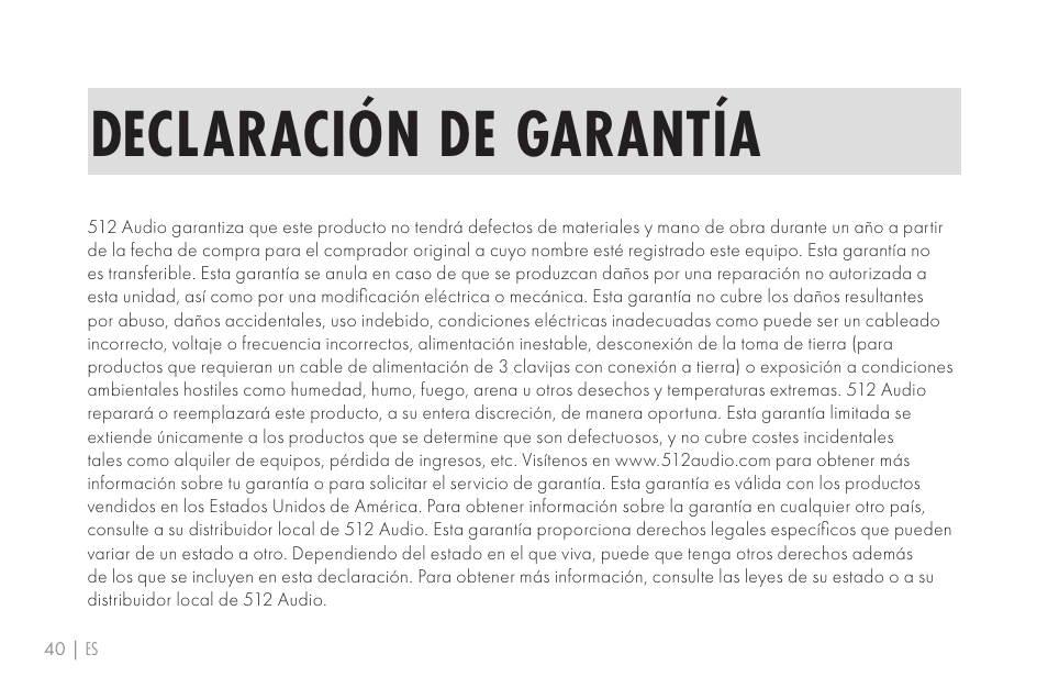 Declaración de garantía | 512 AUDIO 512-BBA Microphone Boom Arm User Manual | Page 40 / 58