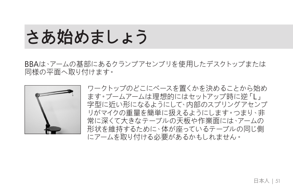 さあ始めましょう | 512 AUDIO 512-BBA Microphone Boom Arm User Manual | Page 51 / 58