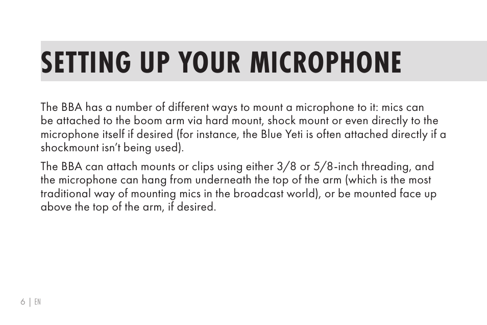 Setting up your microphone | 512 AUDIO 512-BBA Microphone Boom Arm User Manual | Page 6 / 58