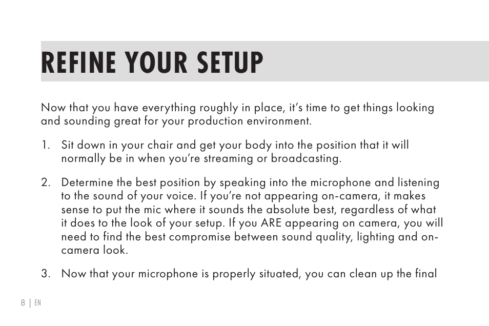 Refine your setup | 512 AUDIO 512-BBA Microphone Boom Arm User Manual | Page 8 / 58