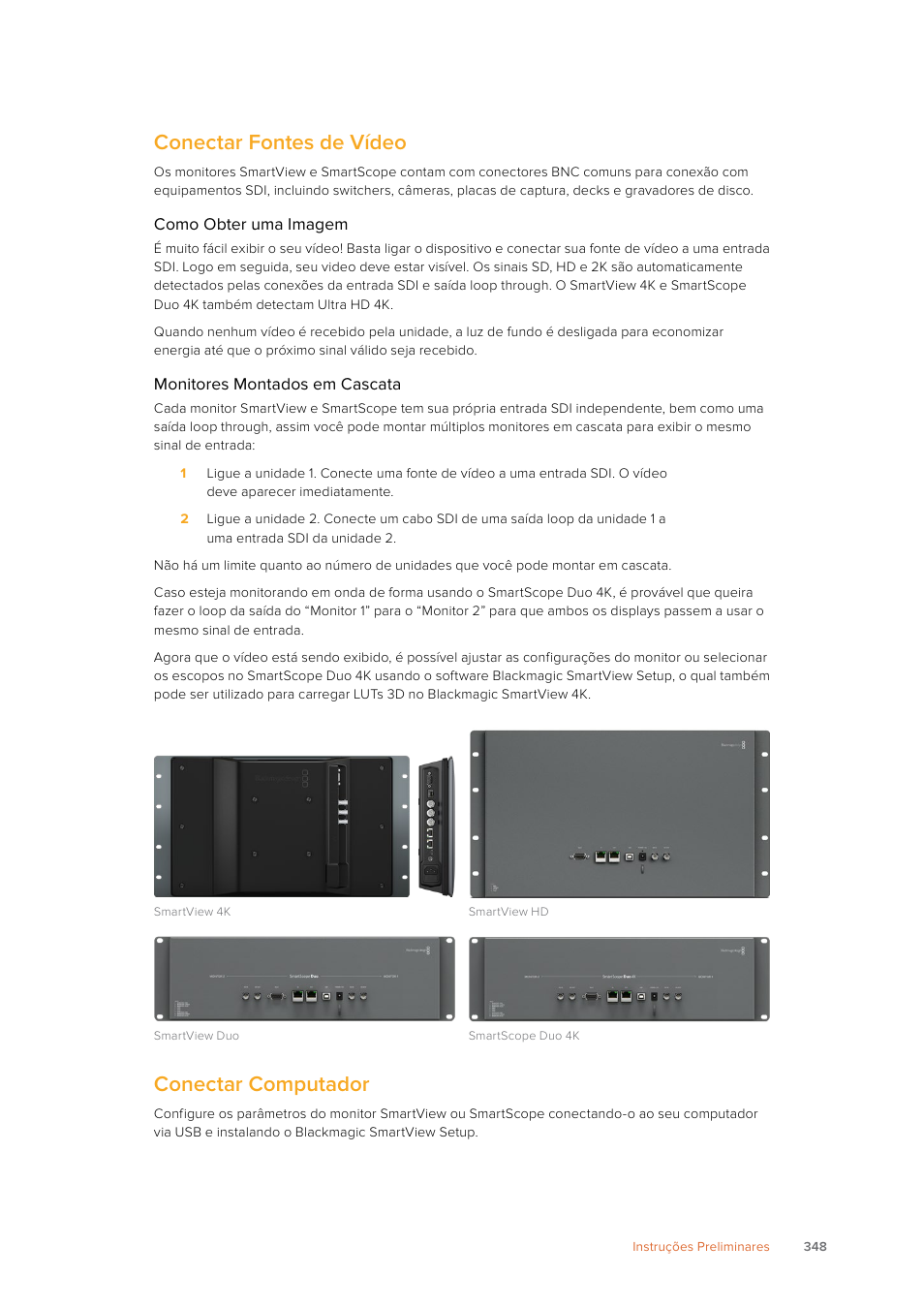 Conectar fontes de vídeo, Conectar computador | Blackmagic Design SmartView 4K 2 15.6" DCI 4K Broadcast Monitor (6 RU) User Manual | Page 348 / 419