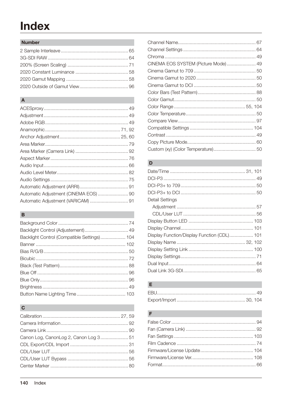 Index | Canon DP-V2421 4K Reference Display User Manual | Page 140 / 147