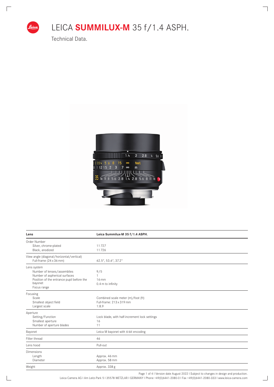 LEICA Summilux-M 35mm f/1.4 ASPH. Lens (Black, 2022 Version) User Manual | 4 pages
