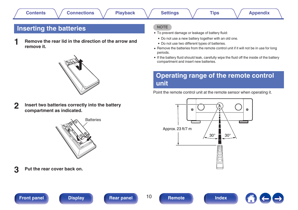 Inserting the batteries, Operating range of the remote control unit | Marantz CINEMA 50 9.4-Channel Network A/V Receiver (Black) User Manual | Page 10 / 326