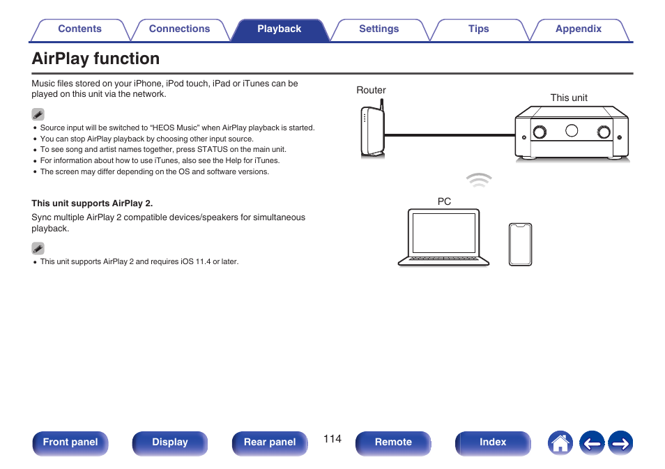 Airplay function, Network functions such as internet radio etc, P. 114) | Marantz CINEMA 50 9.4-Channel Network A/V Receiver (Black) User Manual | Page 114 / 326