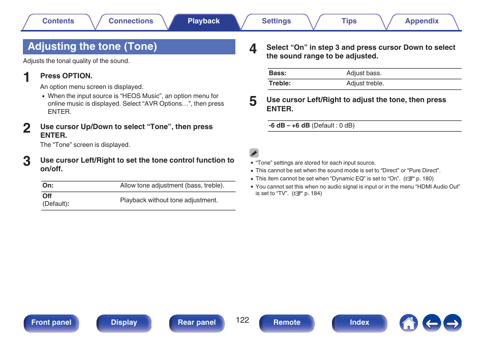 Adjusting the tone (tone), P. 122) | Marantz CINEMA 50 9.4-Channel Network A/V Receiver (Black) User Manual | Page 122 / 326