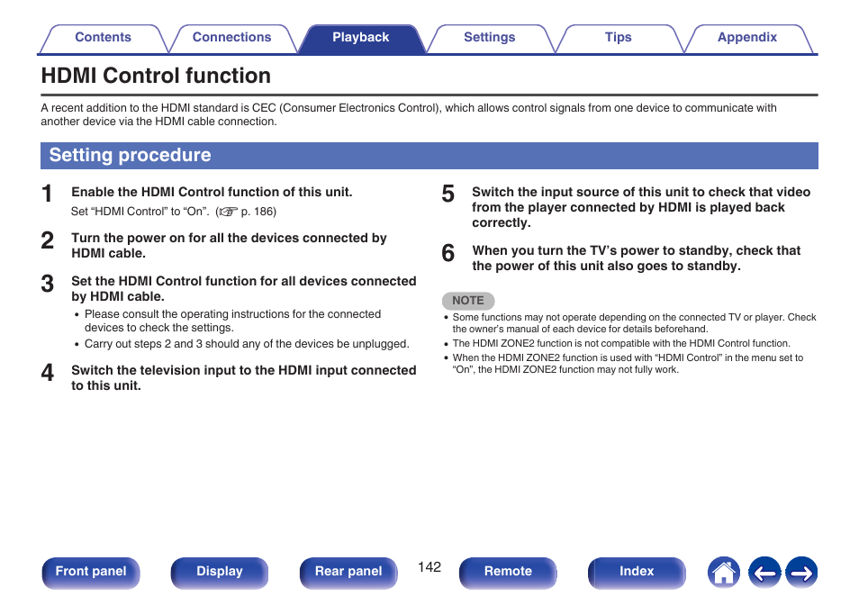 Hdmi control function, Setting procedure | Marantz CINEMA 50 9.4-Channel Network A/V Receiver (Black) User Manual | Page 142 / 326