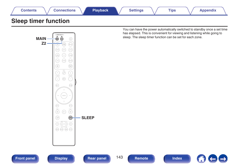 Sleep timer function, This lights when the sleep mode is selected, P. 143) | Marantz CINEMA 50 9.4-Channel Network A/V Receiver (Black) User Manual | Page 143 / 326