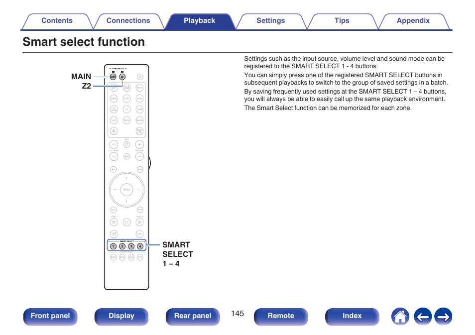 Smart select function, Volume level and sound mode settings, P. 145) | Marantz CINEMA 50 9.4-Channel Network A/V Receiver (Black) User Manual | Page 145 / 326