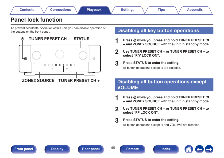 Panel lock function, Disabling all key button operations, Disabling all button operations except volume | Marantz CINEMA 50 9.4-Channel Network A/V Receiver (Black) User Manual | Page 149 / 326