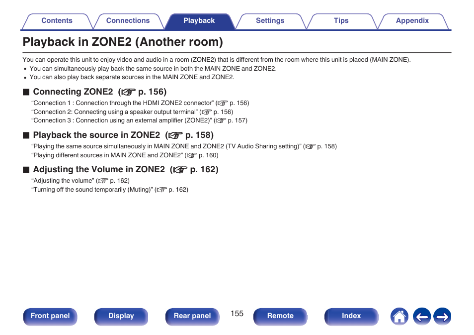 Playback in zone2 (another room), P. 155) | Marantz CINEMA 50 9.4-Channel Network A/V Receiver (Black) User Manual | Page 155 / 326