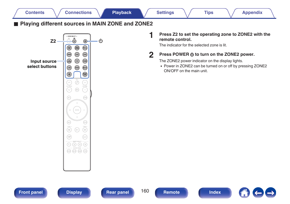 Playing different sources in main zone and zone2, P. 160) | Marantz CINEMA 50 9.4-Channel Network A/V Receiver (Black) User Manual | Page 160 / 326