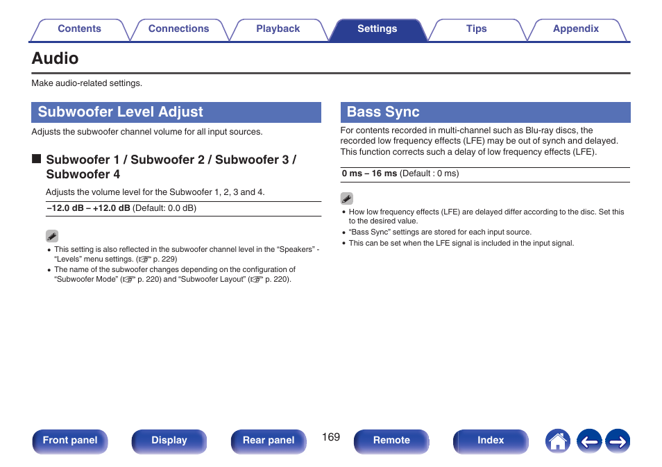 Audio, Subwoofer level adjust, Bass sync | Marantz CINEMA 50 9.4-Channel Network A/V Receiver (Black) User Manual | Page 169 / 326