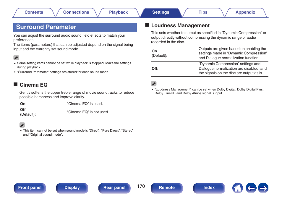 Surround parameter, To enjoy surround sound the way you like it, P. 170) | Ocinema eq, Oloudness management | Marantz CINEMA 50 9.4-Channel Network A/V Receiver (Black) User Manual | Page 170 / 326