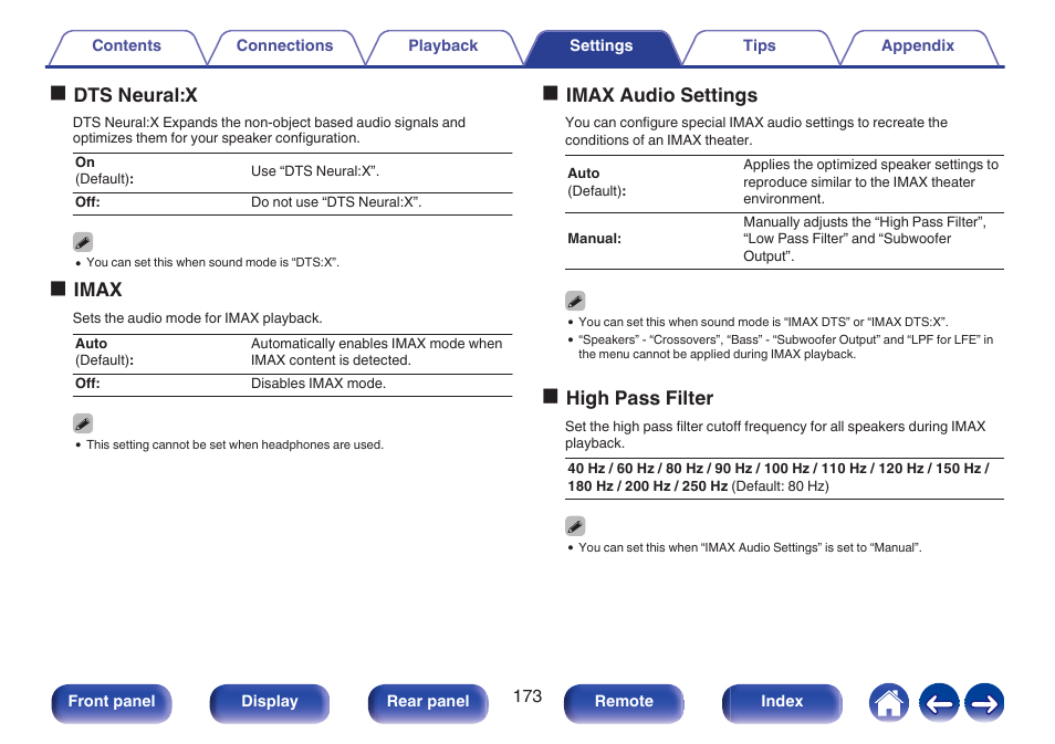 P. 173), Odts neural:x, Oimax | Oimax audio settings, Ohigh pass filter | Marantz CINEMA 50 9.4-Channel Network A/V Receiver (Black) User Manual | Page 173 / 326
