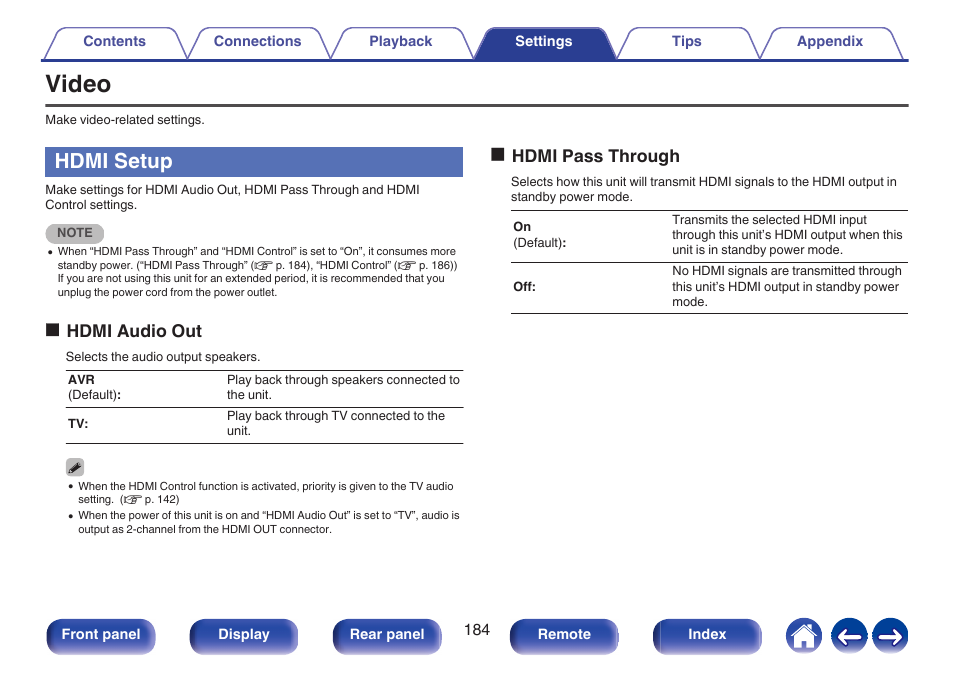 Video, Hdmi setup, To “tv | P. 184), Ohdmi audio out, Ohdmi pass through | Marantz CINEMA 50 9.4-Channel Network A/V Receiver (Black) User Manual | Page 184 / 326