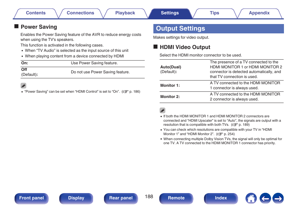 Output settings, This sets the hdmi monitor output, P. 188) | Hdmi video output, Opower saving, Ohdmi video output | Marantz CINEMA 50 9.4-Channel Network A/V Receiver (Black) User Manual | Page 188 / 326