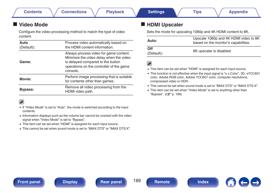 P. 189), Ovideo mode, Ohdmi upscaler | Marantz CINEMA 50 9.4-Channel Network A/V Receiver (Black) User Manual | Page 189 / 326