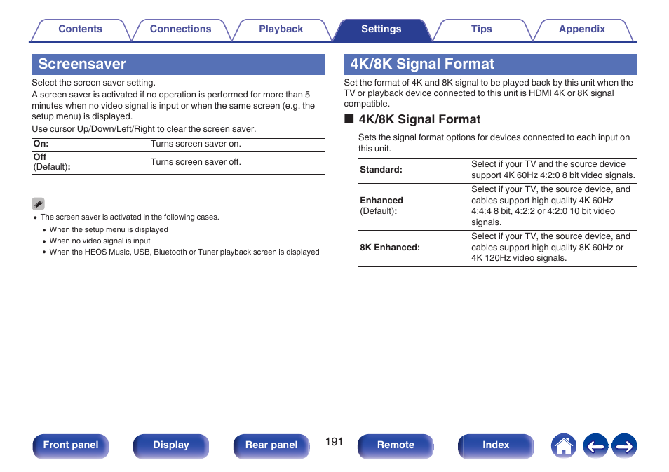 Screensaver, 4k/8k signal format, Video | P. 191), O4k/8k signal format | Marantz CINEMA 50 9.4-Channel Network A/V Receiver (Black) User Manual | Page 191 / 326