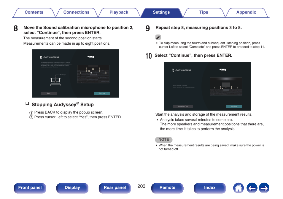 Nstopping audyssey, Setup | Marantz CINEMA 50 9.4-Channel Network A/V Receiver (Black) User Manual | Page 203 / 326