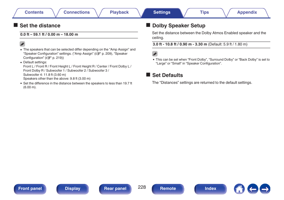 Oset the distance, Odolby speaker setup, Oset defaults | Marantz CINEMA 50 9.4-Channel Network A/V Receiver (Black) User Manual | Page 228 / 326