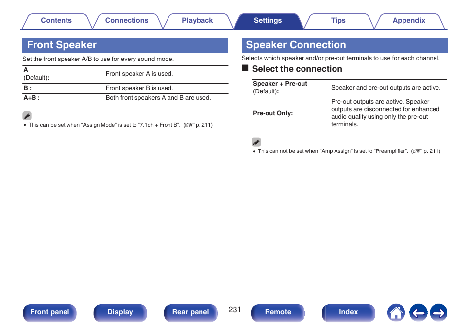 Front speaker, Speaker connection, P. 231) | Oselect the connection | Marantz CINEMA 50 9.4-Channel Network A/V Receiver (Black) User Manual | Page 231 / 326