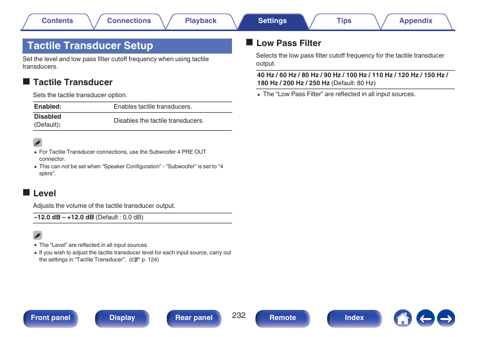Tactile transducer setup, Otactile transducer, Olevel | Olow pass filter | Marantz CINEMA 50 9.4-Channel Network A/V Receiver (Black) User Manual | Page 232 / 326