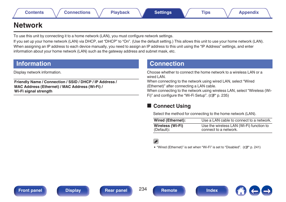 Network, Information, Connection | Ip address, etc. in “network, P. 234), Oconnect using | Marantz CINEMA 50 9.4-Channel Network A/V Receiver (Black) User Manual | Page 234 / 326