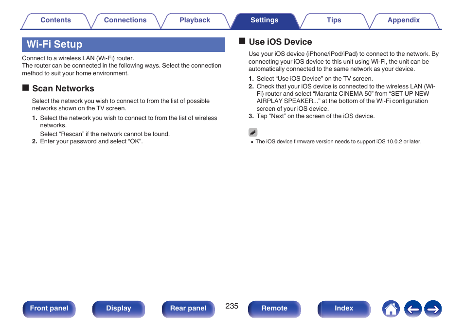 Wi-fi setup, P. 235), Fi)” and configure the “wi-fi setup | Oscan networks, Ouse ios device | Marantz CINEMA 50 9.4-Channel Network A/V Receiver (Black) User Manual | Page 235 / 326