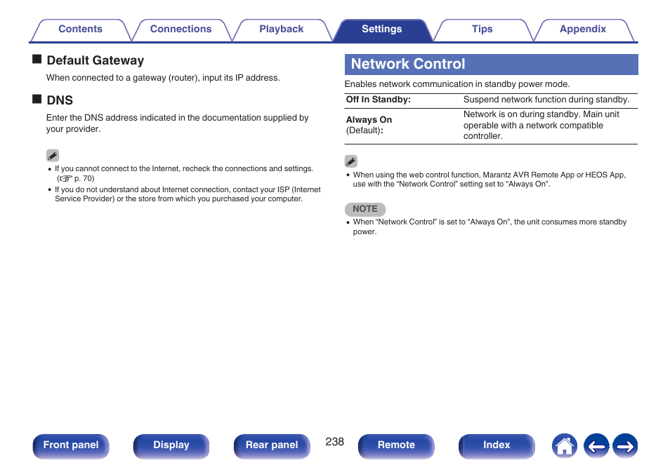 Network control, P. 238), Network control” to “always on” for this unit | Odefault gateway, Odns | Marantz CINEMA 50 9.4-Channel Network A/V Receiver (Black) User Manual | Page 238 / 326