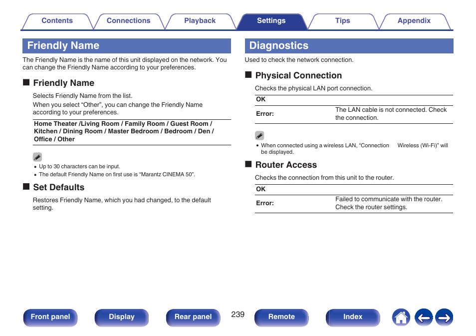 Friendly name, Diagnostics, Ofriendly name | Oset defaults, Ophysical connection, Orouter access | Marantz CINEMA 50 9.4-Channel Network A/V Receiver (Black) User Manual | Page 239 / 326