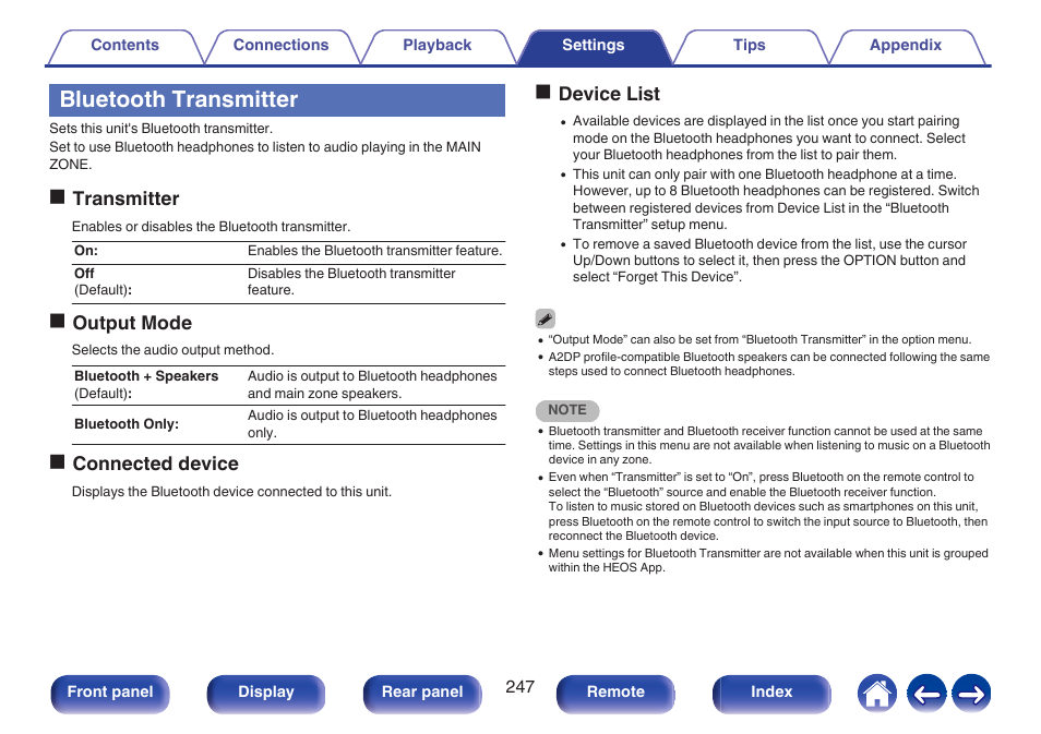 Bluetooth transmitter, P. 247), Bluetooth transmitter” in the menu | Transmitter” to off, Otransmitter, Ooutput mode, Oconnected device, Odevice list | Marantz CINEMA 50 9.4-Channel Network A/V Receiver (Black) User Manual | Page 247 / 326