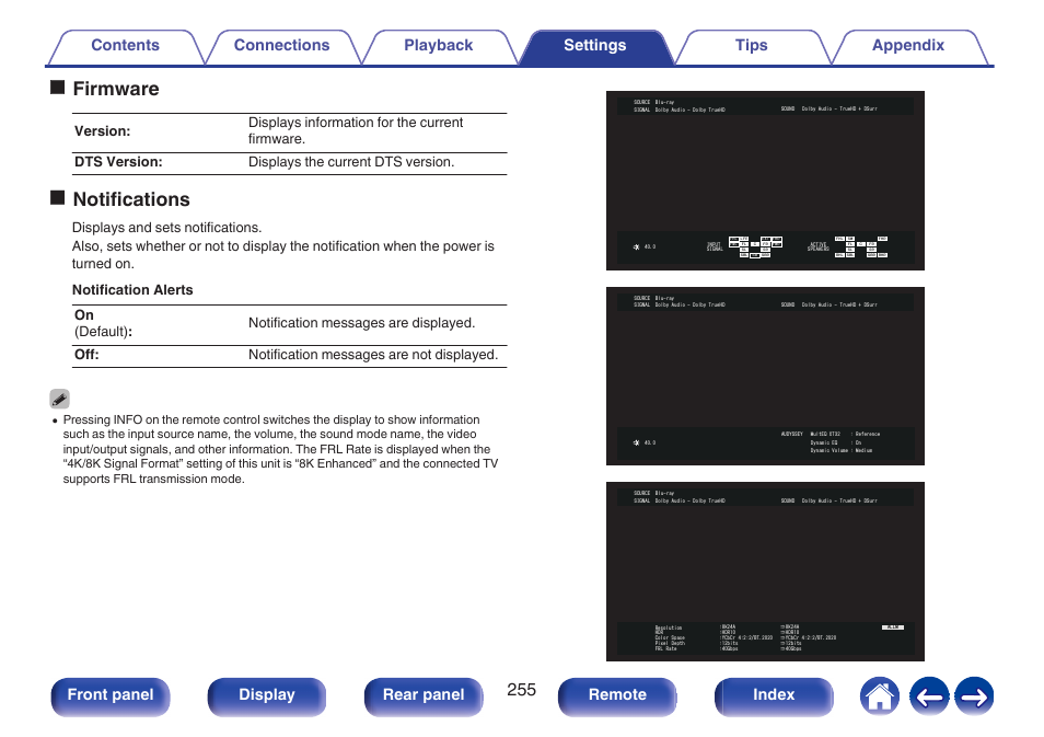 P. 255), Ofirmware, Onotifications | Front panel display rear panel remote index | Marantz CINEMA 50 9.4-Channel Network A/V Receiver (Black) User Manual | Page 255 / 326