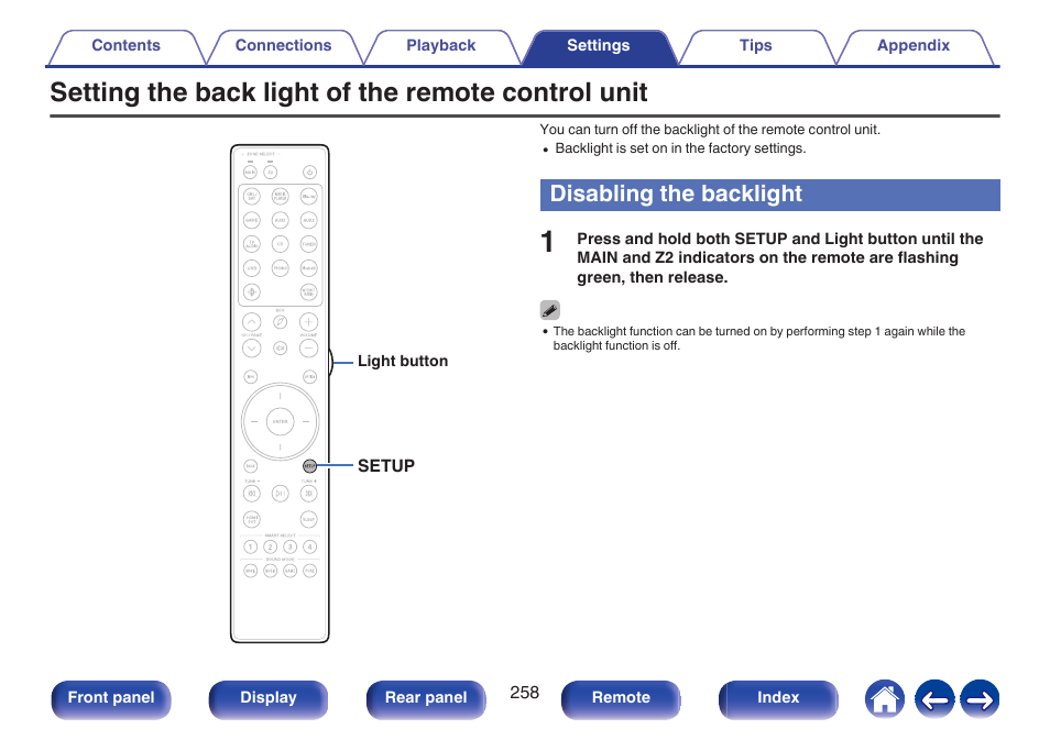 Setting the back light of the remote control unit, Disabling the backlight, This turns on the backlight for approx. 5 seconds | P. 258) | Marantz CINEMA 50 9.4-Channel Network A/V Receiver (Black) User Manual | Page 258 / 326